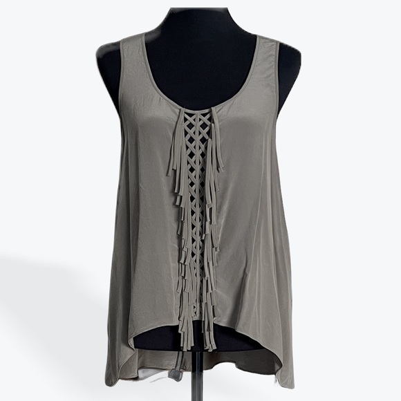 BCBGMAXAZRIA 'Mura' Sleeveless Silk Top w/ Fringe (Dusty Olive) Small $168 - Picture 1 of 6